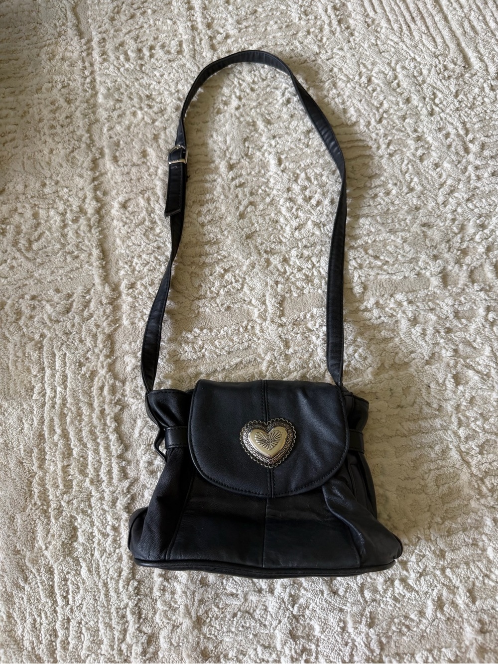 Navarre Leather Company Genuine Leather Black Heart-Accent Crossbody Bag